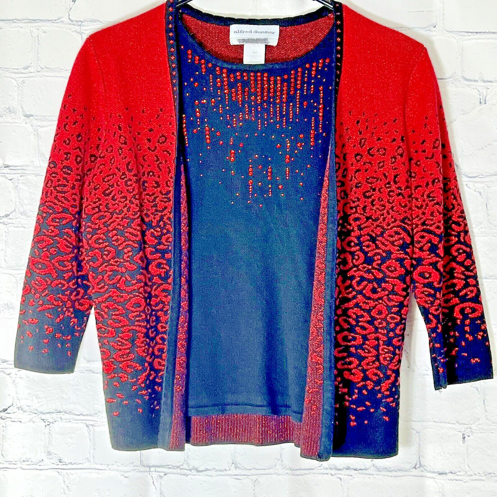 Alfred Dunner Womens Size P M Sweater Black Red Beaded Sparkle 3/4 Sleeves